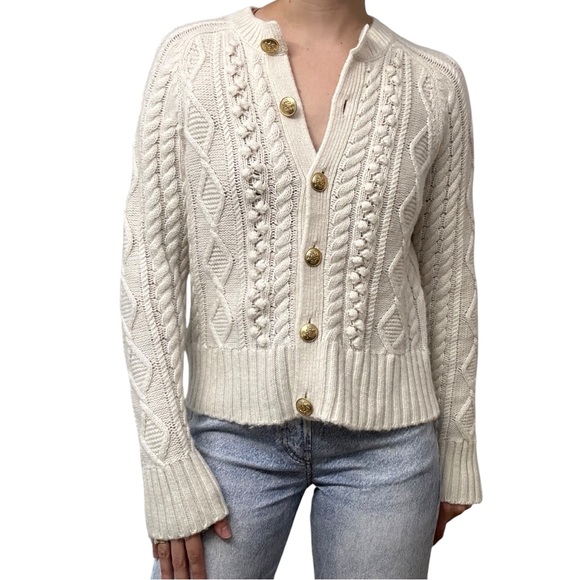 J. Crew Sweaters - J. Crew Cardigan Sweater Cable Knit White Gold Buttons Wool Academia Size Small